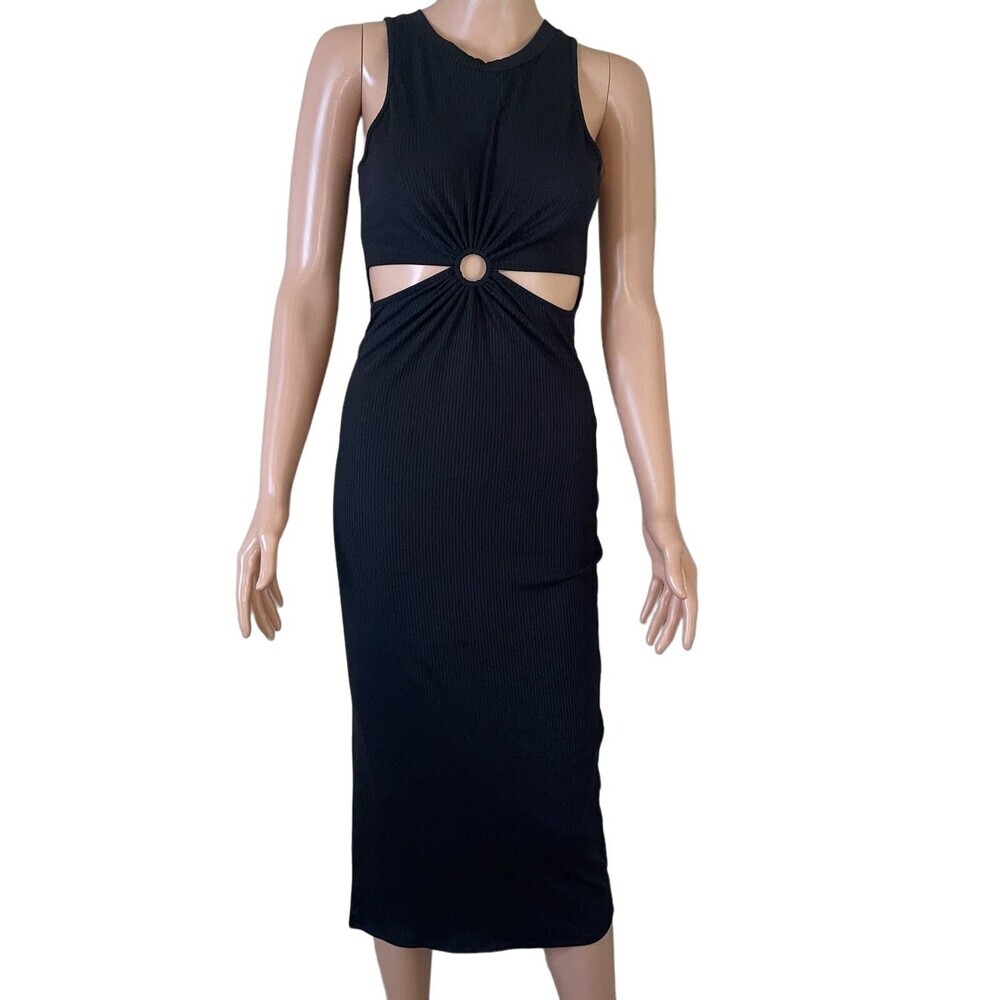 Love J. midi dress Mid/side cutout form fitting body con stretch SZ M black - Picture 2 of 7